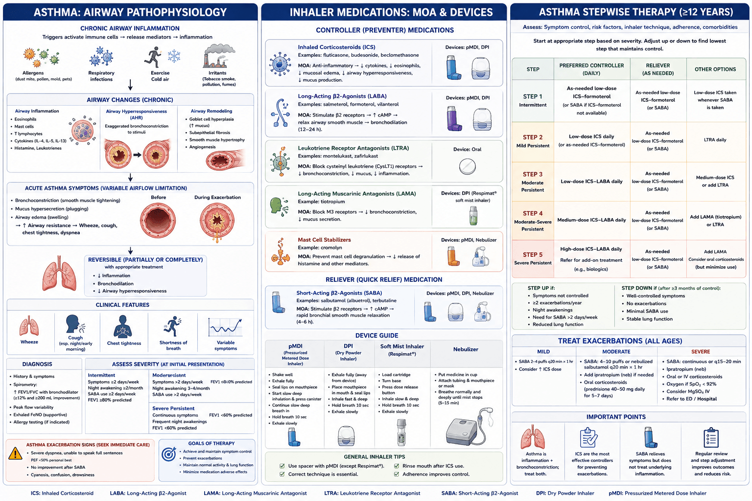 Asthma pathophysiology and stepwise inhaler therapy chart
